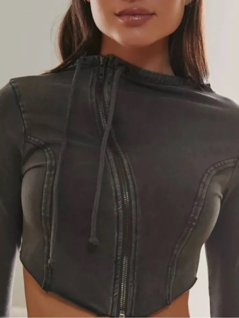 Urban Outfitters Charcoal Washed Cropped Zip-Up Hoodie